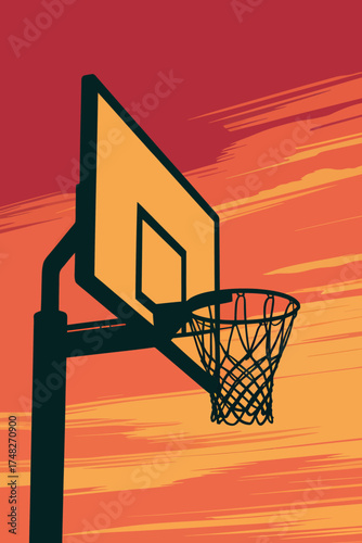 Minimalist silhouette basketball hoop and backboard against a warm gradient sky