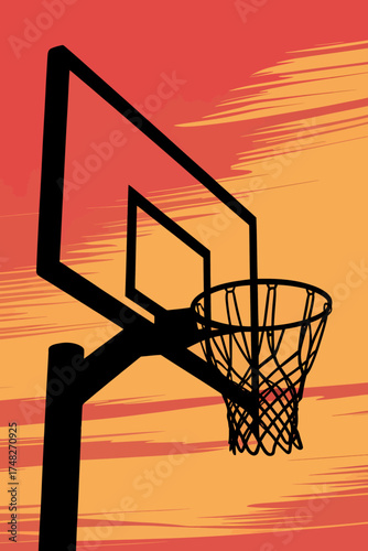Silhouette of a basketball hoop and backboard against a vibrant sunset sky graphic