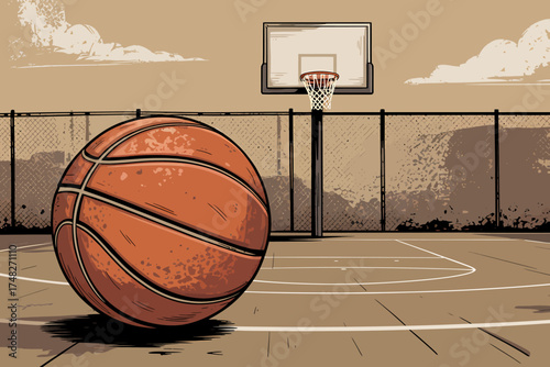 Basketball court scene with ball and hoop captures outdoor sport atmosphere