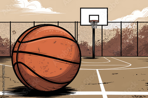 Detailed digital art basketball on outdoor court with hoop and fence athletic scene