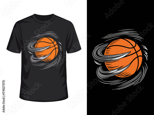 Dynamic basketball t-shirt design with energetic swirls and sporty typography