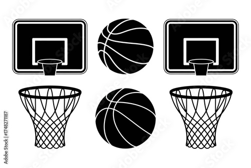 Basketball hoops backboards and balls black and white graphics for sports design projects