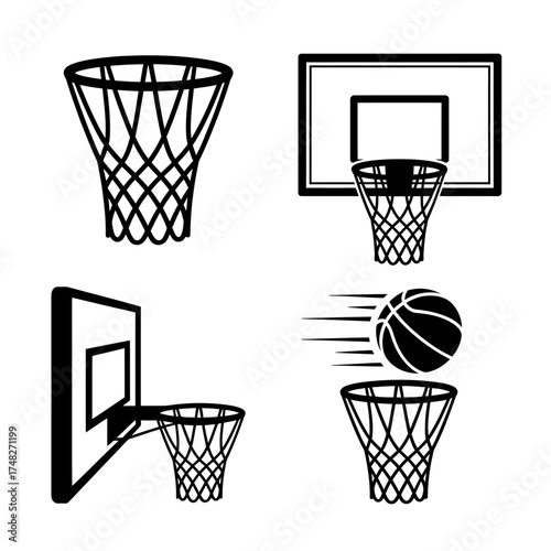 Four basketball hoop designs including backboards and a flying ball