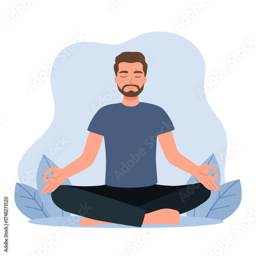 Male character meditating. Guy meditating in yoga lotus pose, calm, tranquility and meditation flat vector illustration. Relaxed man meditating