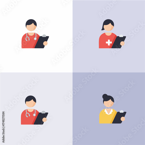 Flat design icons depicting male doctors, female nurses, and a female business professional, all holding clipboards, symbolizing various administrative and healthcare roles.