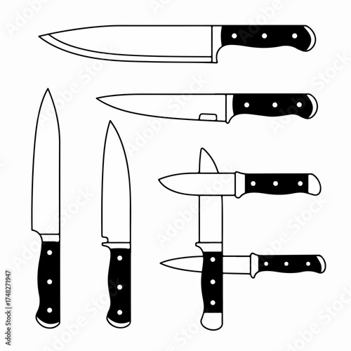 Set of various kitchen knives in minimalist outline black and white vector illustration for culinary design