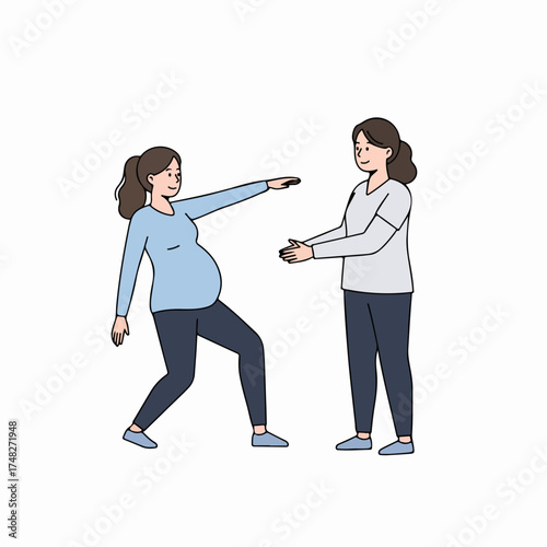 Pregnant woman performs an exercise with the guidance of an instructor, illustrating prenatal fitness, health, and supportive care for expectant mothers.
