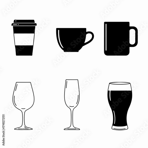Collection of black and white icons featuring various drinking glasses and cups for beverages like coffee, tea, wine, champagne, and beer.