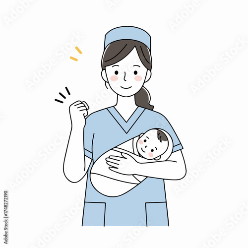 Happy nurse holding a smiling newborn baby, celebrating new life and dedicated care in a healthcare setting.