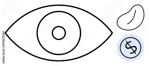 Eye symbol with central focus, dollar coin in blue circle, and seed form evoke vision, finance, growth, potential, investment future goals. Ideal for strategy progress wealth concepts. Simple