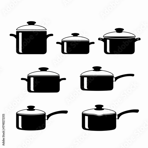 Black and white silhouette icons of various cooking pots and saucepans with lids, illustrating essential kitchenware for culinary tasks.