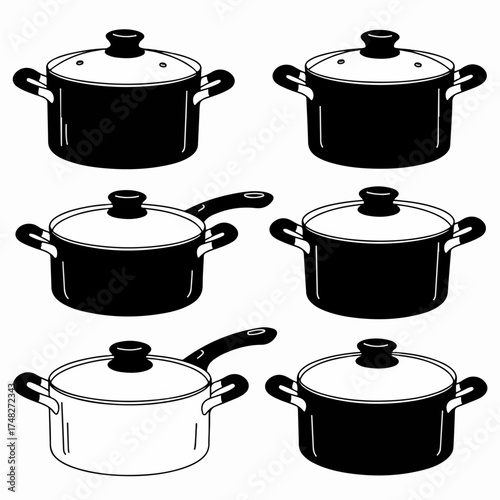 Monochrome vector illustration set of essential kitchen cookware, featuring various pots and pans with lids in a clean, graphic style.