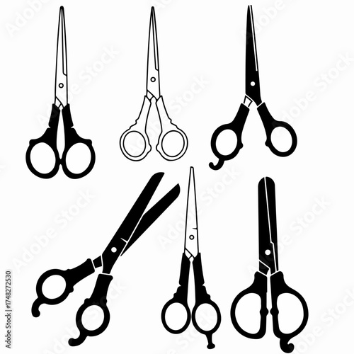 A versatile collection of six different scissor icons, showcasing various styles including solid black and outline designs, isolated on a white background.
