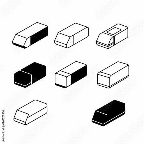 Collection of isometric eraser icons in black and white, depicting various school and office stationery tools.