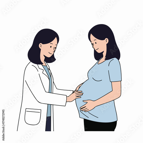 Doctor examining pregnant woman's belly, a happy illustration of prenatal care and maternity health check-up.