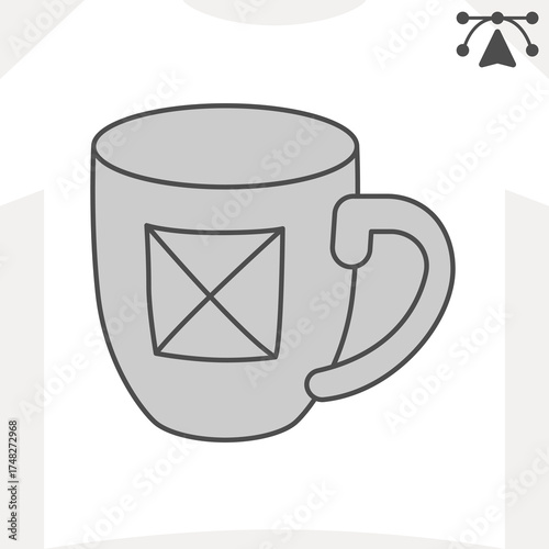 Ceramic mug with banner isometric icon, business souvenir concept. Vector graphics. Cup with space for picture sign and editable stroke, outline style icon for mobile or web design.