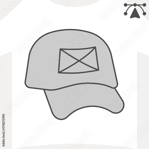 Baseball cap with banner isometric icon, business souvenir concept. Vector graphics. Hat with space for picture sign and editable stroke, outline style icon for mobile or web design.