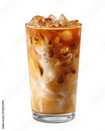 Iced latte with milk and ice in a tall glass, isolated on transparent background