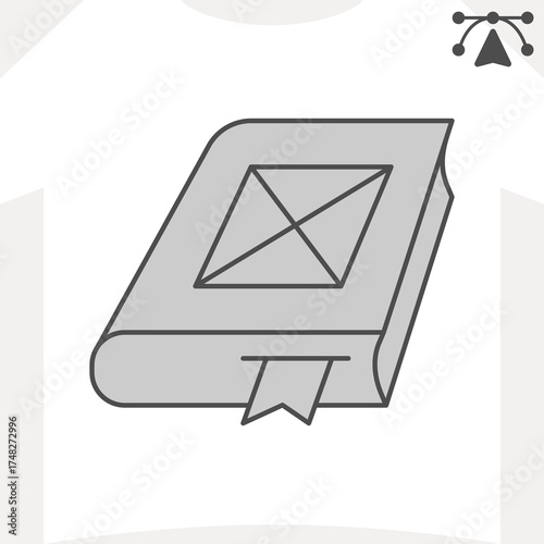 Book with bookmark and banner isometric icon, polygraphy concept. Vector graphics. Hardcover book with space for picture sign and editable stroke, outline style icon for mobile or web design.