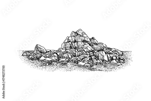 Rocky mountain sketch. Hand drawn landscape nature view. Detailed rock formation with water reflection.