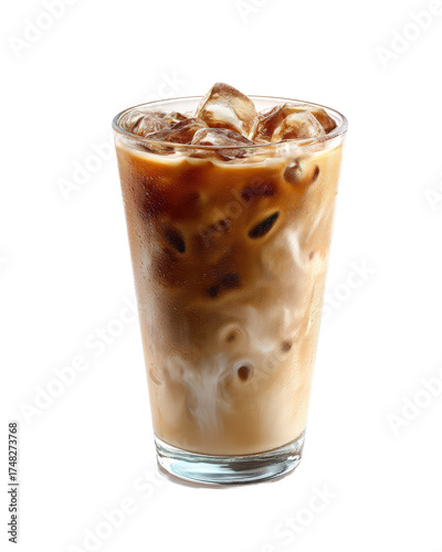 Closeup of a refreshing iced coffee with milk and ice in a glass, isolated on transparent background