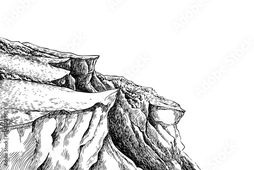 Mountain cliff sketch with trees. Hand drawn steep landscape. Isolated nature illustration. Outdoor adventure drawing.