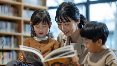 図書館で絵本を読む母と子どもたち。Generative AI