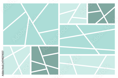 Set of abstract photo collage templates with a mosaic-style layout. Collection features irregular geometric grids in cool shades of mint green and teal, perfect for creating mood boards or banners