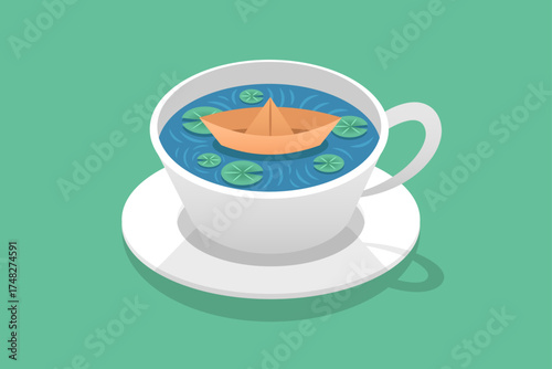 Vector illustration of a paper boat and a lotus plant in a cup