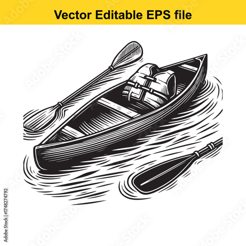 Vector art of a canoe with a life jacket and paddles floating on rippling water, depicted in a stylized black and white illustration, isolated on a