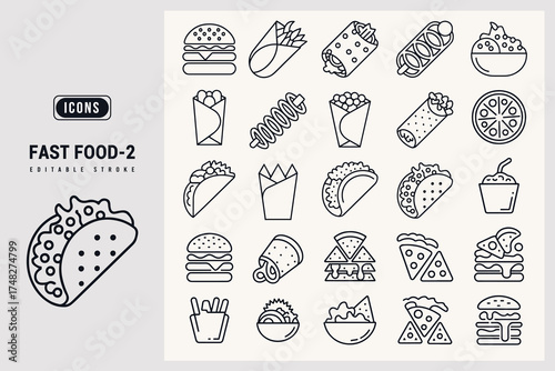 Collection of Diverse Fast Food Icons in Simple Pixel Art Style White Background.