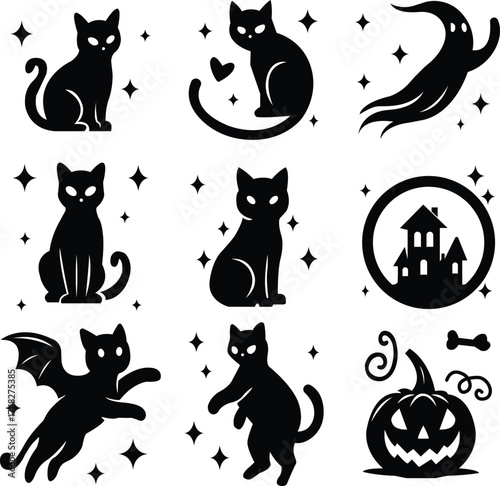 Halloween vector icons, black cats, ghost, and pumpkin. Cute Black Cats & Halloween Symbols Vector. Halloween Night Cat Silhouettes with Ghost & Pumpkin. Black Cat Halloween Icons with Haunted House.