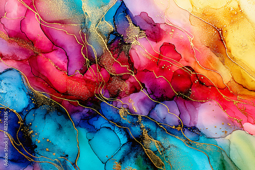 Papier peint marbré coloré avec veines dorées