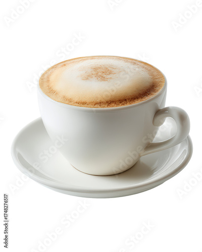 A white ceramic cup of frothy cappuccino on a matching saucer, isolated on transparent background