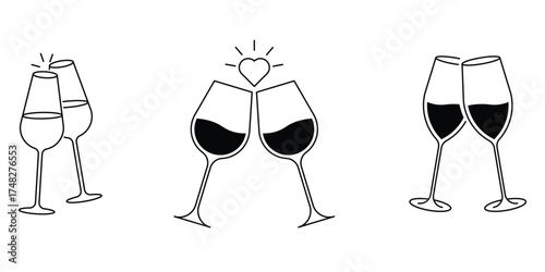 Wine celebration, toast glasses, red drink, romance moment, party cheer, love heart, fiesta symbol, dinner icon, clink event vector