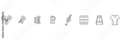 Padel sports, balls can, energy bottle, fitness watch, gear locker, net court, jersey shirt, paddle racket, match icon vector