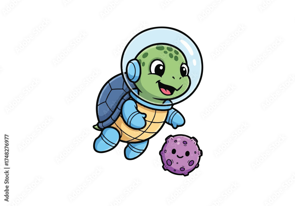 Fototapeta premium Cartoon Astronaut Turtle Floating in Space with Asteroid Funny Illustration