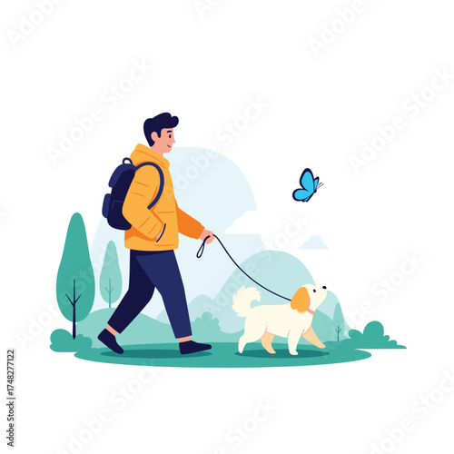 A man enjoys a leisurely walk with his dog in a park on a sunny day.
