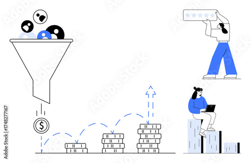Funnel filtering user profiles into earnings, coin stacks growing, person rating product, and analyzing data. Ideal for business, marketing, sales, analytics, performance customer feedback simple