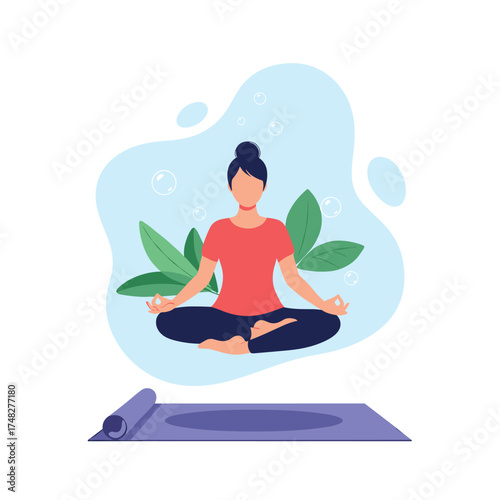 A woman levitating in a yoga pose above her mat.