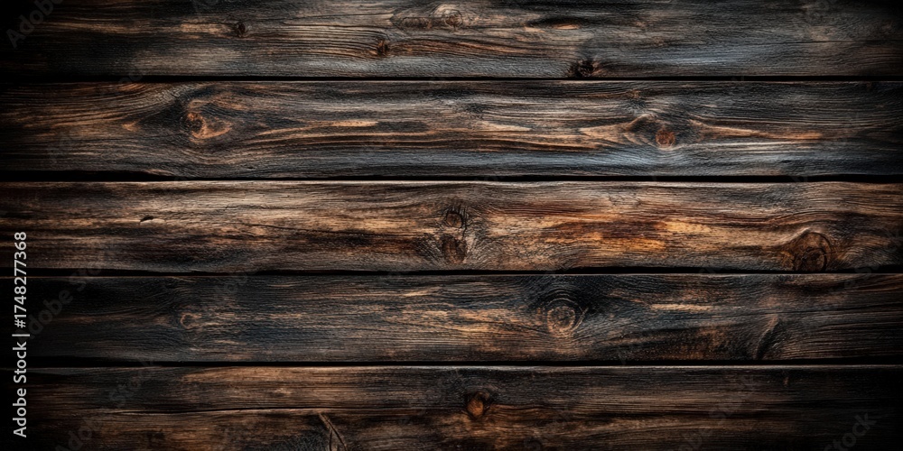 Obraz premium A textured wooden surface featuring dark hues and visible grains, creating a rustic and natural aesthetic.