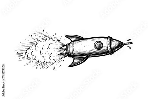 Flying rocket sketch, hand drawn spaceship launch, cosmic flight exploration drawing