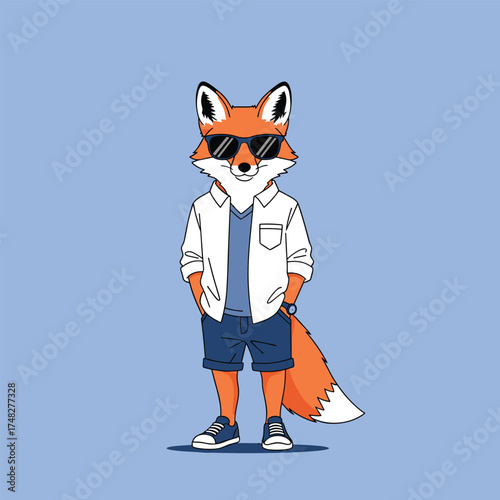 A stylish fox wearing sunglasses and a casual outfit on a blue background.