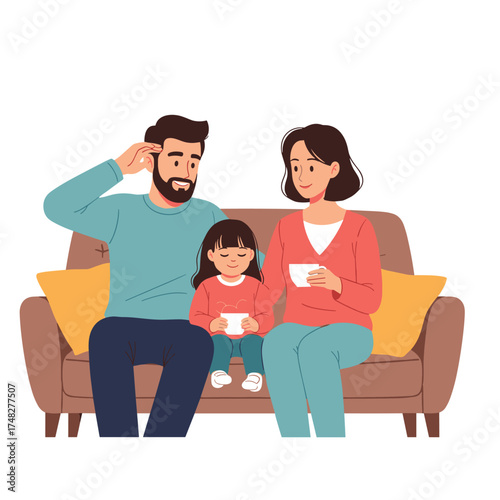 A worried father with his wife and daughter on the sofa.