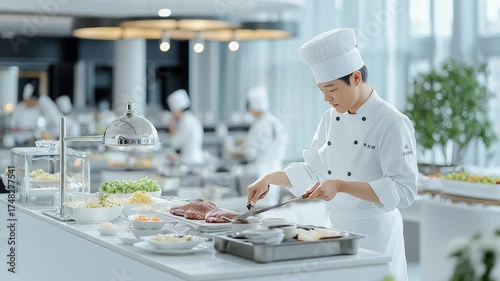 ビュッフェでローストビーフを切るシェフ。Generative AI