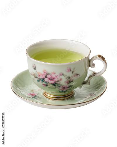 A delicate porcelain teacup and saucer, adorned with pink floral patterns and gold trim, filled with a vibrant green tea, isolated on transparent background