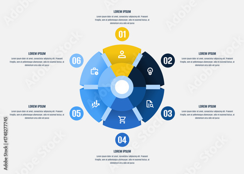 6 items infographic. Six steps infographic. Modern infographic template. Modern infographics options banner. Best infographic template. Infographic with 6 colors and items. 