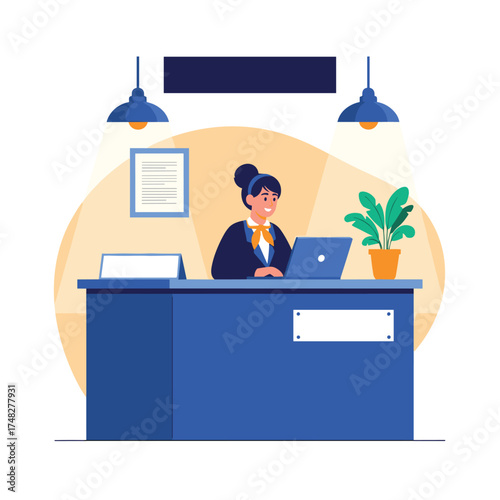 Professional reception desk with a smiling attendant.