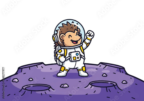 Happy Hedgehog Astronaut on Purple Moon Cartoon Illustration