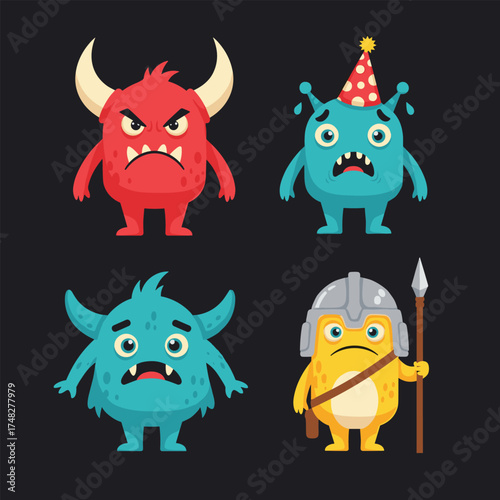 A collection of four unique cartoon monsters with different expressions and attire.
